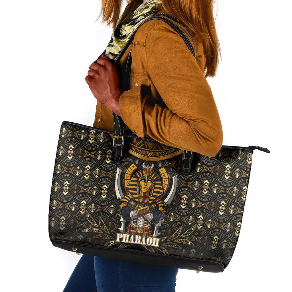 Pharaoh King Tut Egypt Leather Tote Bag Hieroglyphic Gold Pattern - African Pride