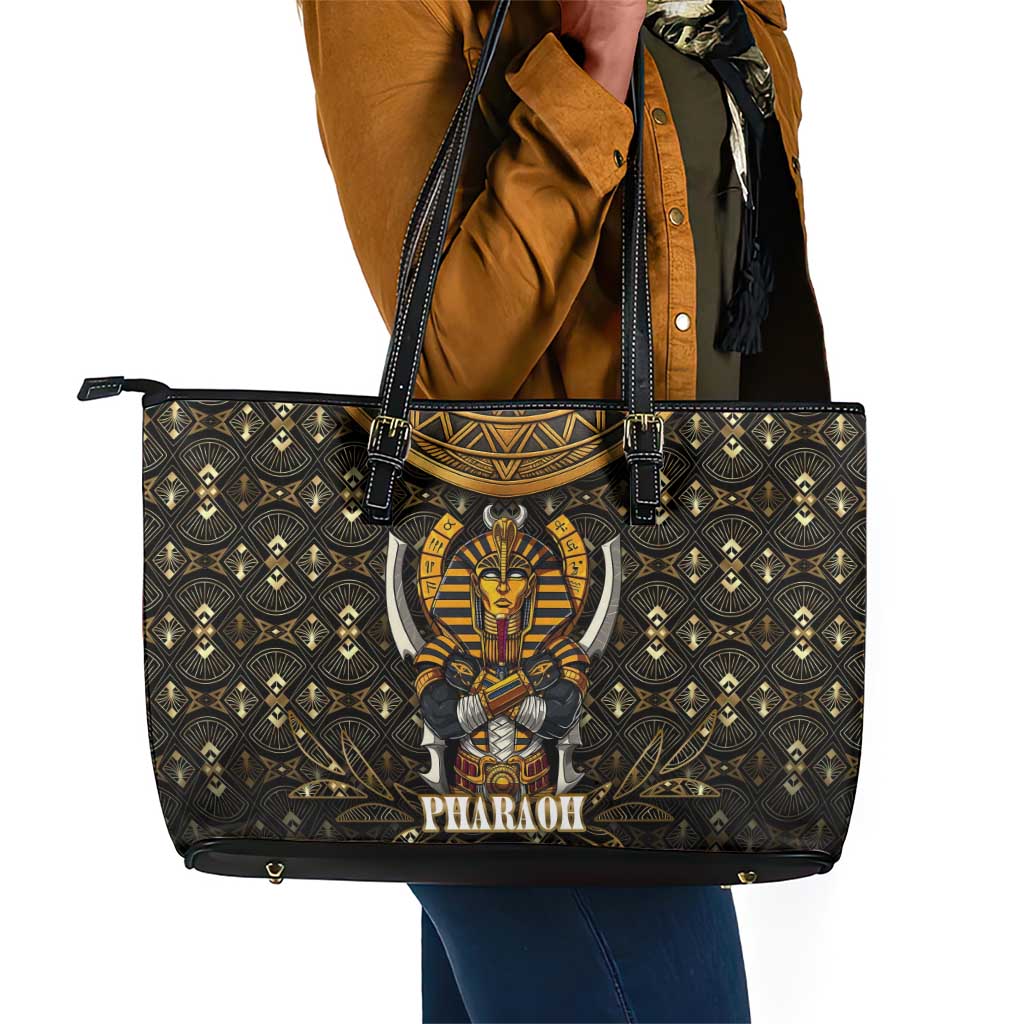 Pharaoh King Tut Egypt Leather Tote Bag Hieroglyphic Gold Pattern - African Pride