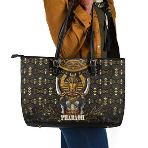 Pharaoh King Tut Egypt Leather Tote Bag Hieroglyphic Gold Pattern - African Pride