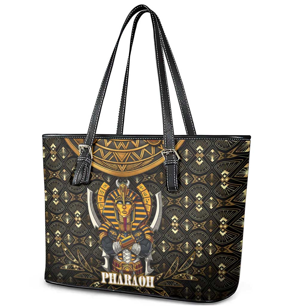 Pharaoh King Tut Egypt Leather Tote Bag Hieroglyphic Gold Pattern - African Pride