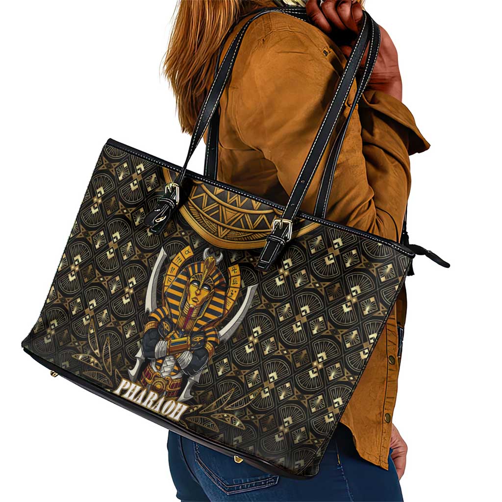 Pharaoh King Tut Egypt Leather Tote Bag Hieroglyphic Gold Pattern - African Pride