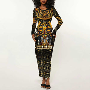 Pharaoh King Tut Egypt Long Sleeve Bodycon Dress Hieroglyphic Gold Pattern - African Pride