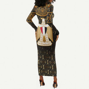 Pharaoh King Tut Egypt Long Sleeve Bodycon Dress Hieroglyphic Gold Pattern - African Pride