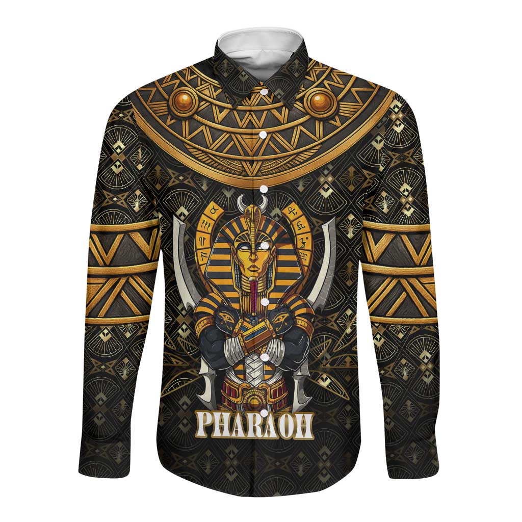 Pharaoh King Tut Egypt Long Sleeve Button Shirt Hieroglyphic Gold Pattern - African Pride