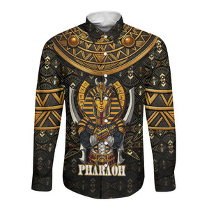 Pharaoh King Tut Egypt Long Sleeve Button Shirt Hieroglyphic Gold Pattern - African Pride