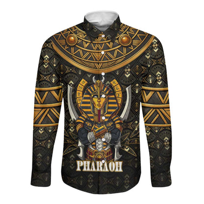 Pharaoh King Tut Egypt Long Sleeve Button Shirt Hieroglyphic Gold Pattern - African Pride