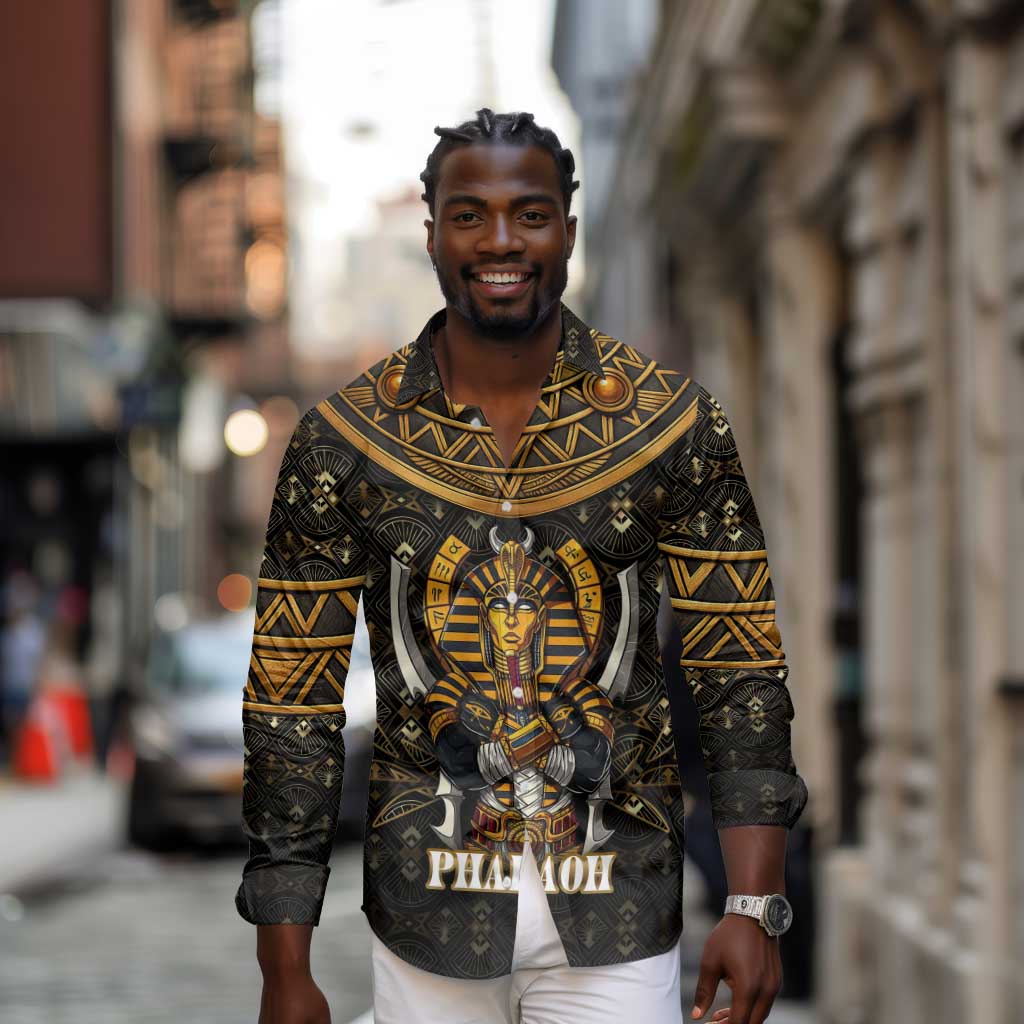 Pharaoh King Tut Egypt Long Sleeve Button Shirt Hieroglyphic Gold Pattern - African Pride