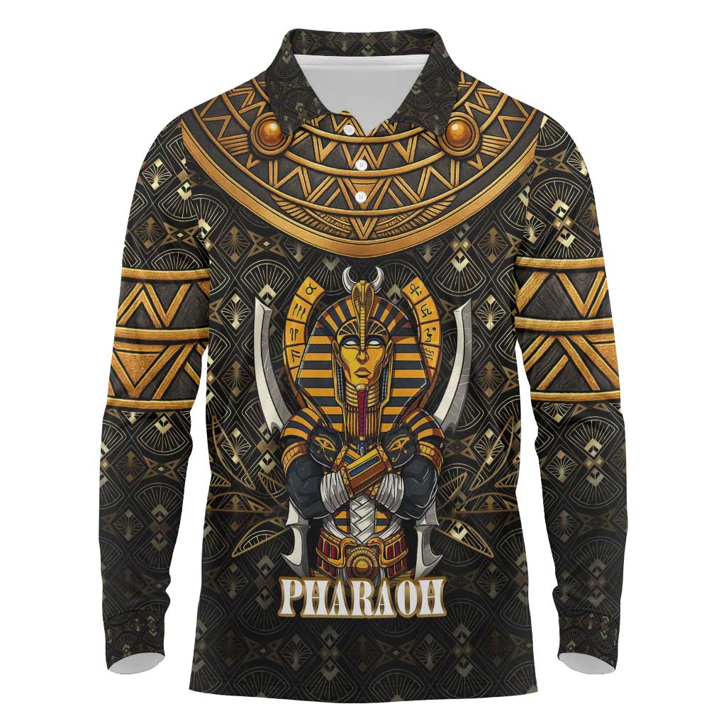 Pharaoh King Tut Egypt Long Sleeve Polo Shirt Hieroglyphic Gold Pattern - African Pride