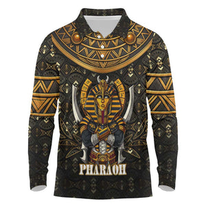 Pharaoh King Tut Egypt Long Sleeve Polo Shirt Hieroglyphic Gold Pattern - African Pride