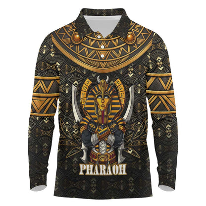 Pharaoh King Tut Egypt Long Sleeve Polo Shirt Hieroglyphic Gold Pattern - African Pride