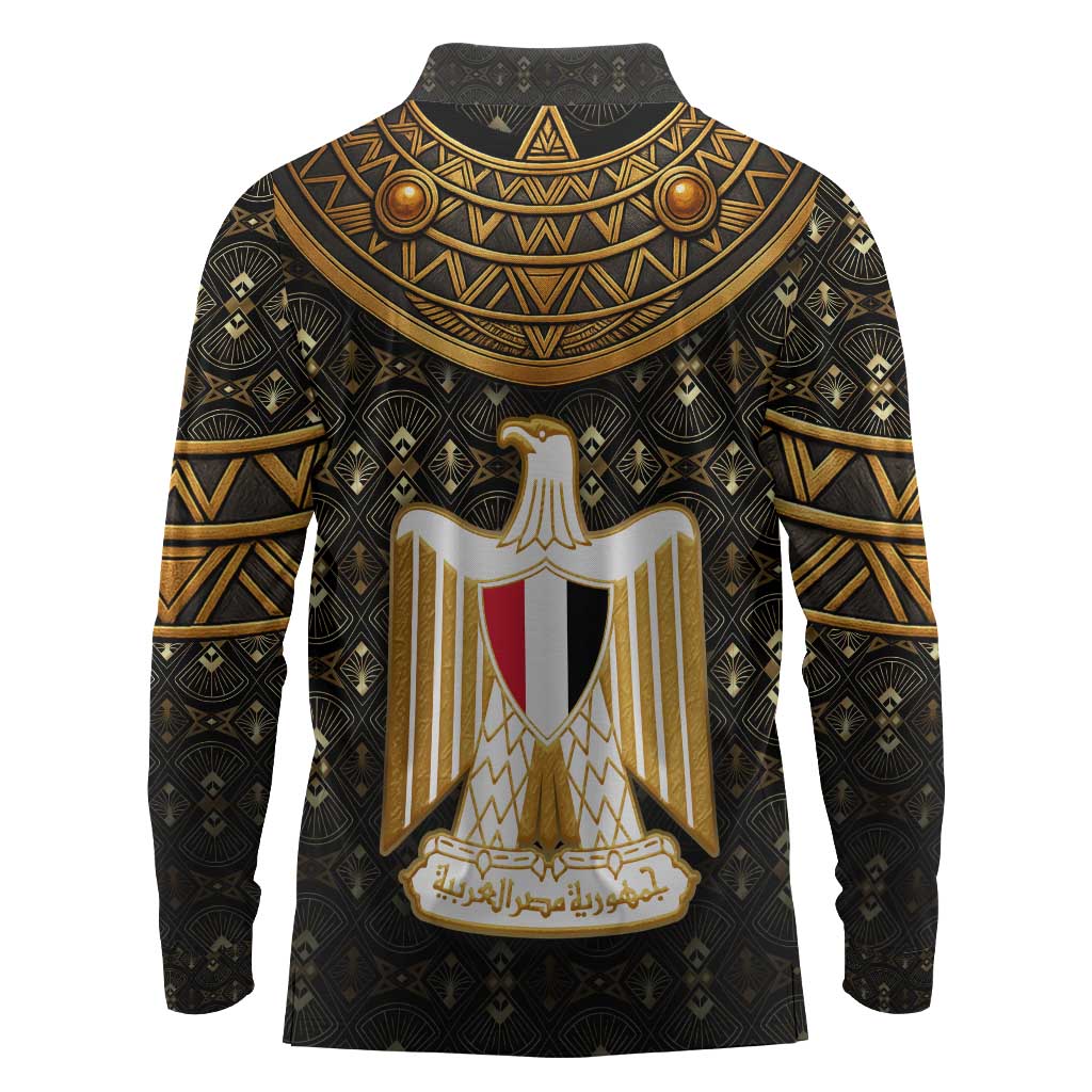 Pharaoh King Tut Egypt Long Sleeve Polo Shirt Hieroglyphic Gold Pattern - African Pride