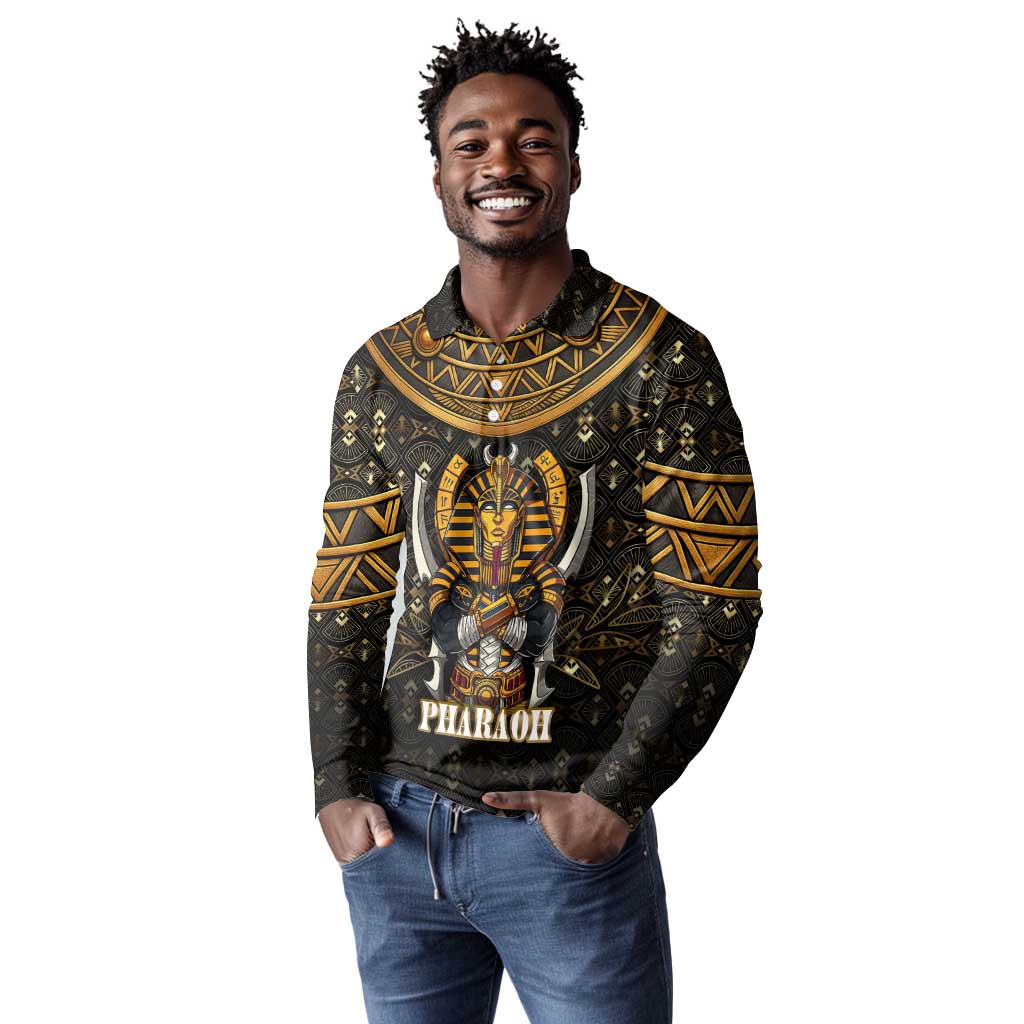 Pharaoh King Tut Egypt Long Sleeve Polo Shirt Hieroglyphic Gold Pattern - African Pride