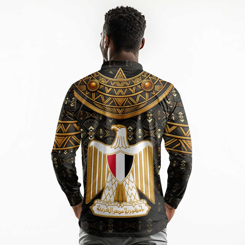 Pharaoh King Tut Egypt Long Sleeve Polo Shirt Hieroglyphic Gold Pattern - African Pride