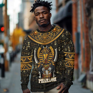 Pharaoh King Tut Egypt Long Sleeve Shirt Hieroglyphic Gold Pattern - African Pride
