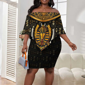 Pharaoh King Tut Egypt Off Shoulder Short Dress Hieroglyphic Gold Pattern - African Pride