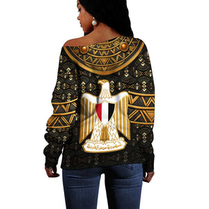 Pharaoh King Tut Egypt Off Shoulder Sweater Hieroglyphic Gold Pattern - African Pride