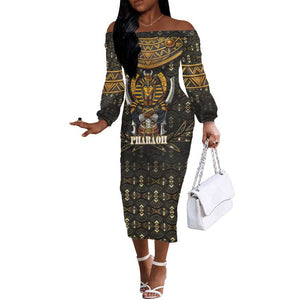 Pharaoh King Tut Egypt Off The Shoulder Long Sleeve Dress Hieroglyphic Gold Pattern - African Pride