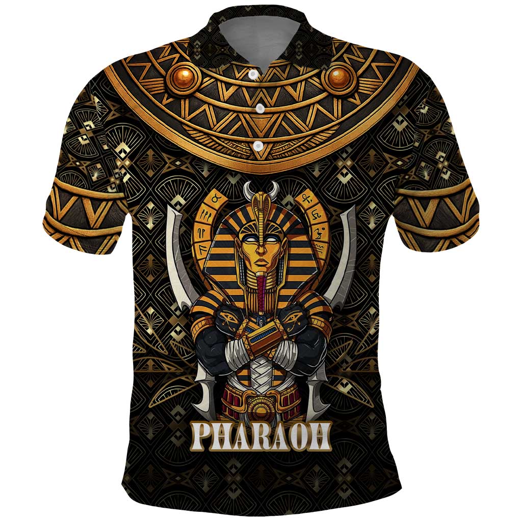 Pharaoh King Tut Egypt Polo Shirt Hieroglyphic Gold Pattern - African Pride