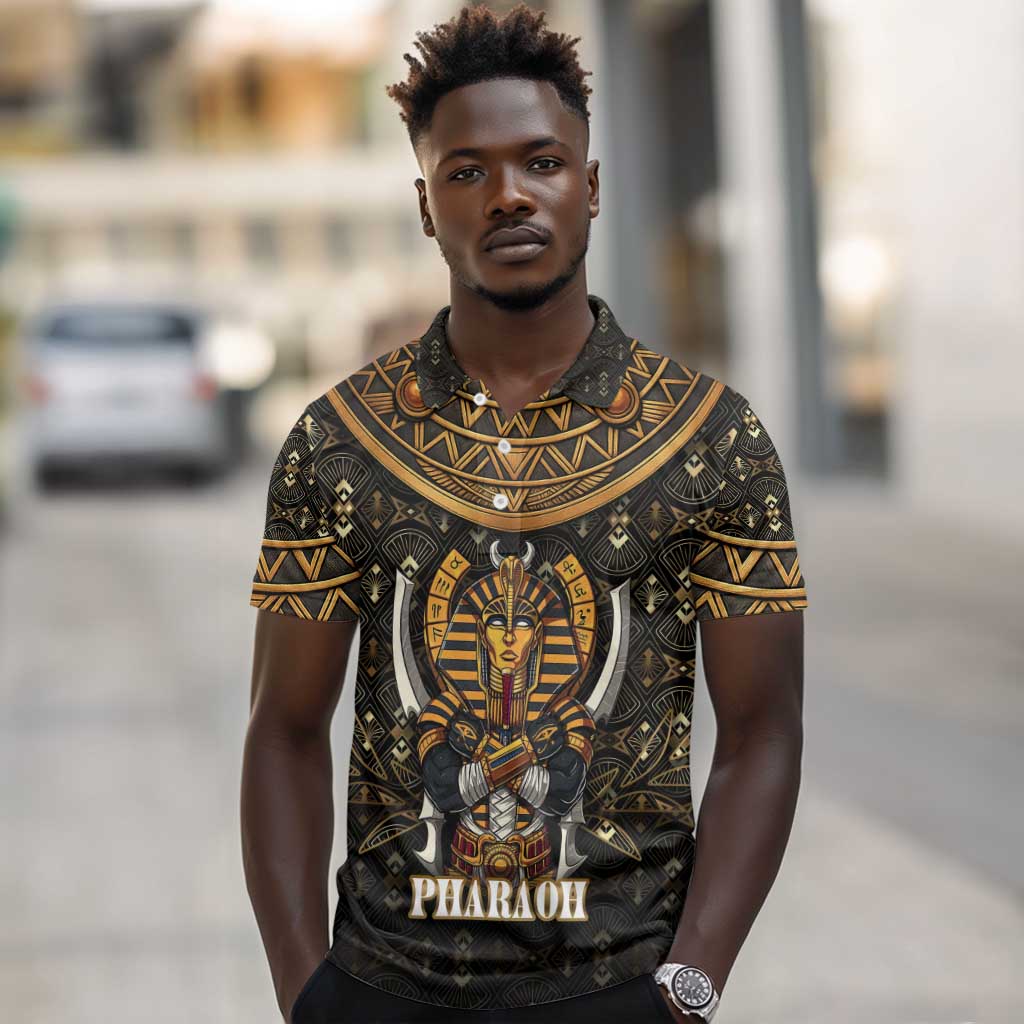 Pharaoh King Tut Egypt Polo Shirt Hieroglyphic Gold Pattern - African Pride