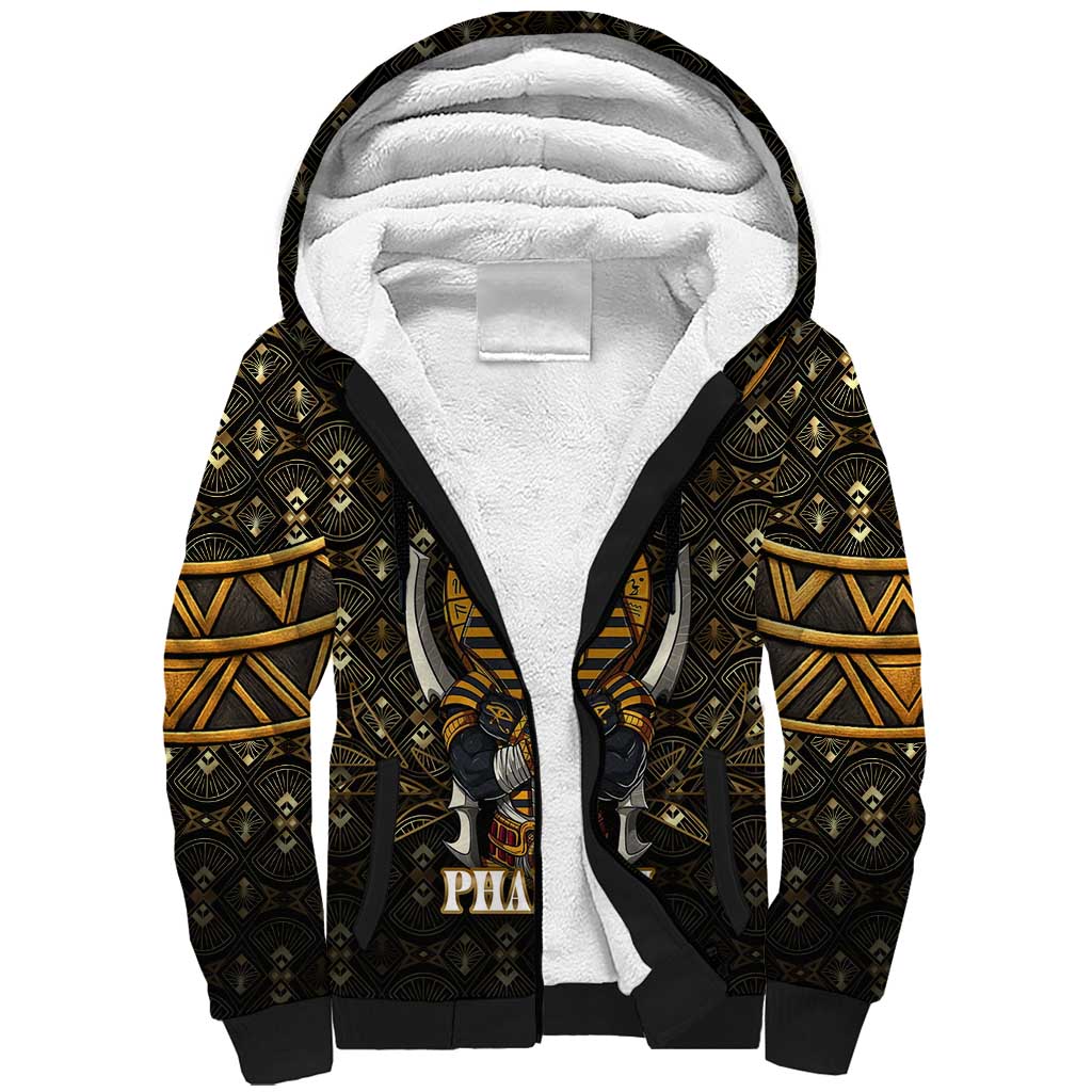 Pharaoh King Tut Egypt Sherpa Hoodie Hieroglyphic Gold Pattern - African Pride