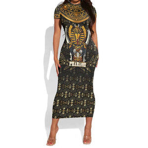 Pharaoh King Tut Egypt Short Sleeve Bodycon Dress Hieroglyphic Gold Pattern - African Pride