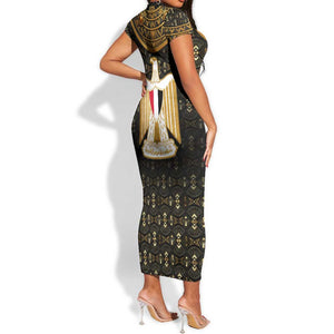 Pharaoh King Tut Egypt Short Sleeve Bodycon Dress Hieroglyphic Gold Pattern - African Pride