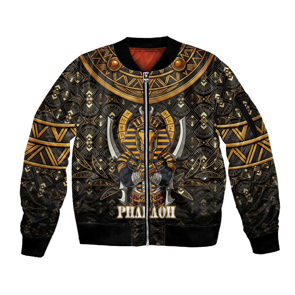 Pharaoh King Tut Egypt Sleeve Zip Bomber Jacket Hieroglyphic Gold Pattern - African Pride