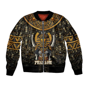 Pharaoh King Tut Egypt Sleeve Zip Bomber Jacket Hieroglyphic Gold Pattern - African Pride