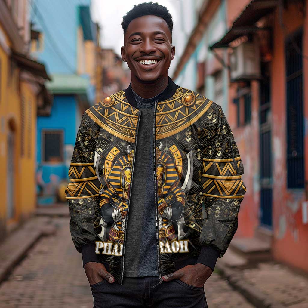 Pharaoh King Tut Egypt Sleeve Zip Bomber Jacket Hieroglyphic Gold Pattern - African Pride