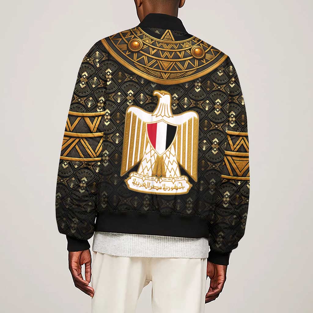 Pharaoh King Tut Egypt Sleeve Zip Bomber Jacket Hieroglyphic Gold Pattern - African Pride
