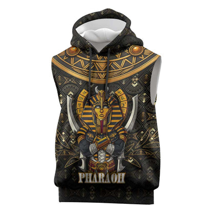 Pharaoh King Tut Egypt Sleeveless Hoodie Hieroglyphic Gold Pattern - African Pride