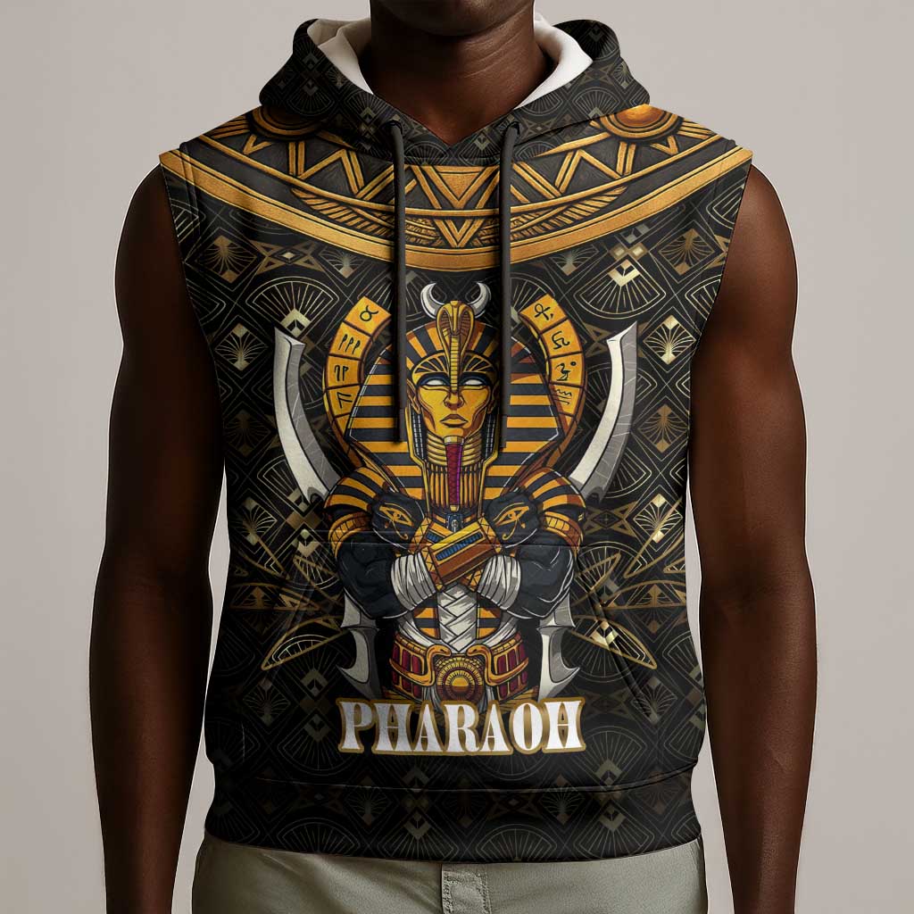 Pharaoh King Tut Egypt Sleeveless Hoodie Hieroglyphic Gold Pattern - African Pride