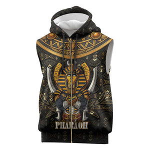 Pharaoh King Tut Egypt Sleeveless Zip Hoodie Hieroglyphic Gold Pattern - African Pride
