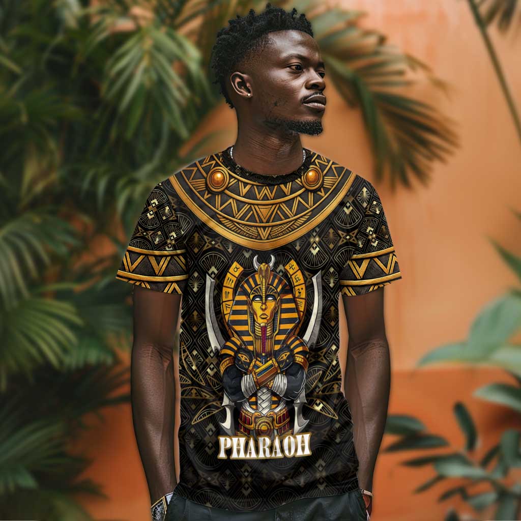 Pharaoh King Tut Egypt T shirt Hieroglyphic Gold Pattern - African Pride