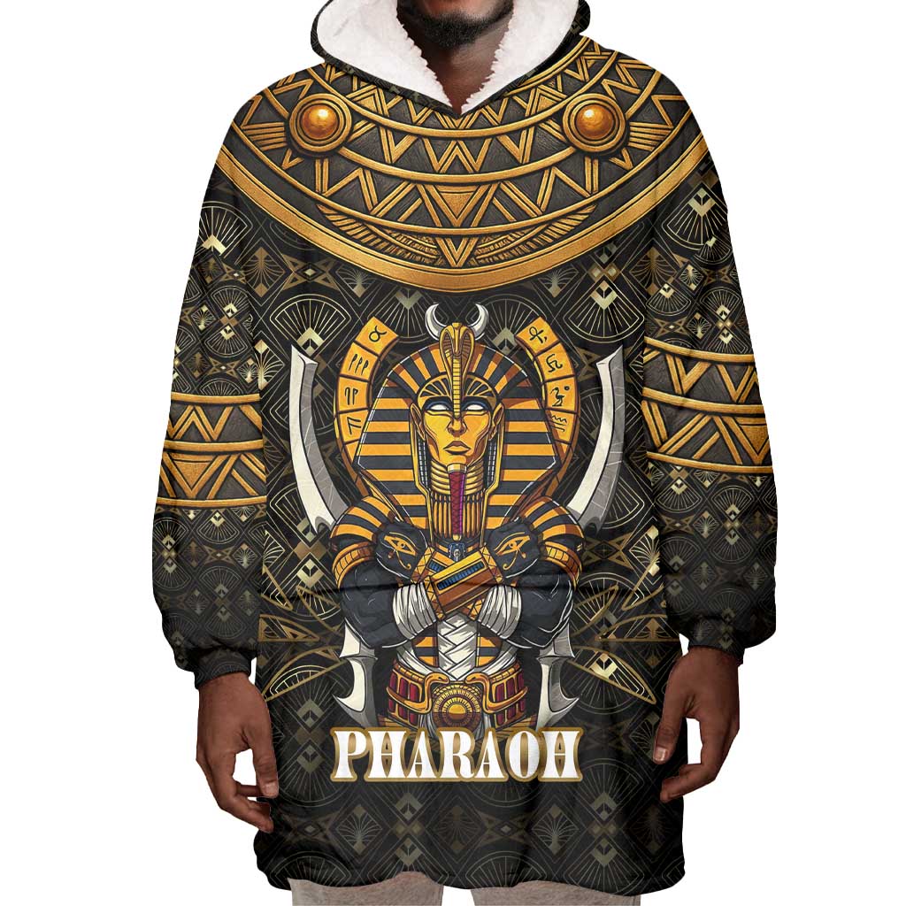 Pharaoh King Tut Egypt Wearable Blanket Hoodie Hieroglyphic Gold Pattern - African Pride