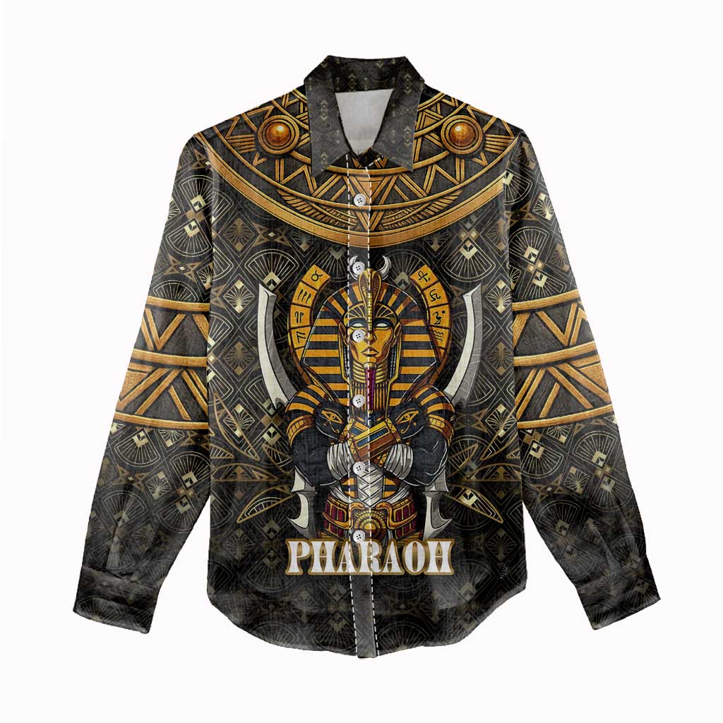 Pharaoh King Tut Egypt Women Casual Shirt Hieroglyphic Gold Pattern - African Pride