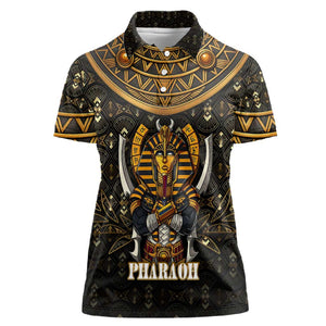 Pharaoh King Tut Egypt Women Polo Shirt Hieroglyphic Gold Pattern - African Pride