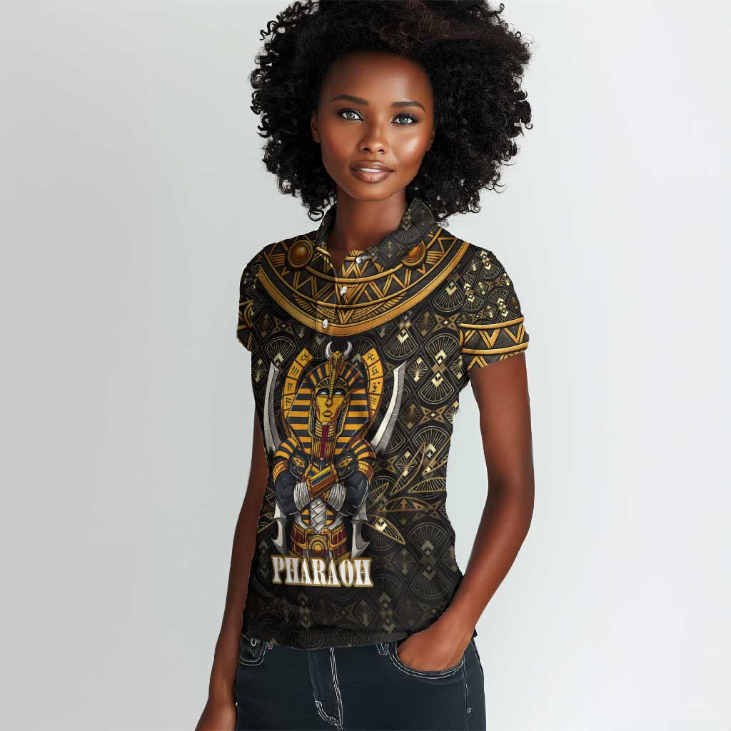 Pharaoh King Tut Egypt Women Polo Shirt Hieroglyphic Gold Pattern - African Pride