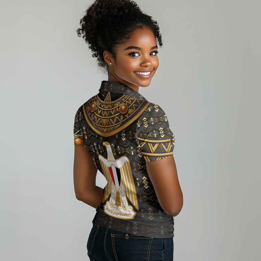 Pharaoh King Tut Egypt Women Polo Shirt Hieroglyphic Gold Pattern - African Pride