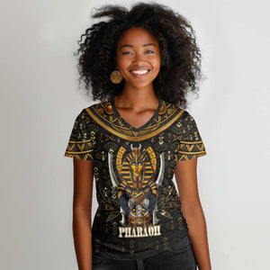 Pharaoh King Tut Egypt Women V-Neck T-Shirt Hieroglyphic Gold Pattern - African Pride