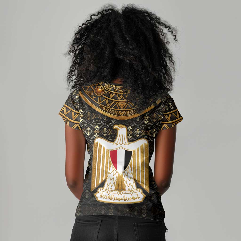 Pharaoh King Tut Egypt Women V-Neck T-Shirt Hieroglyphic Gold Pattern - African Pride