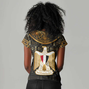 Pharaoh King Tut Egypt Women V-Neck T-Shirt Hieroglyphic Gold Pattern - African Pride