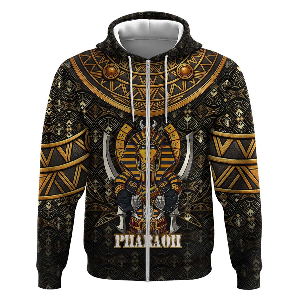 Pharaoh King Tut Egypt Zip Hoodie Hieroglyphic Gold Pattern - African Pride