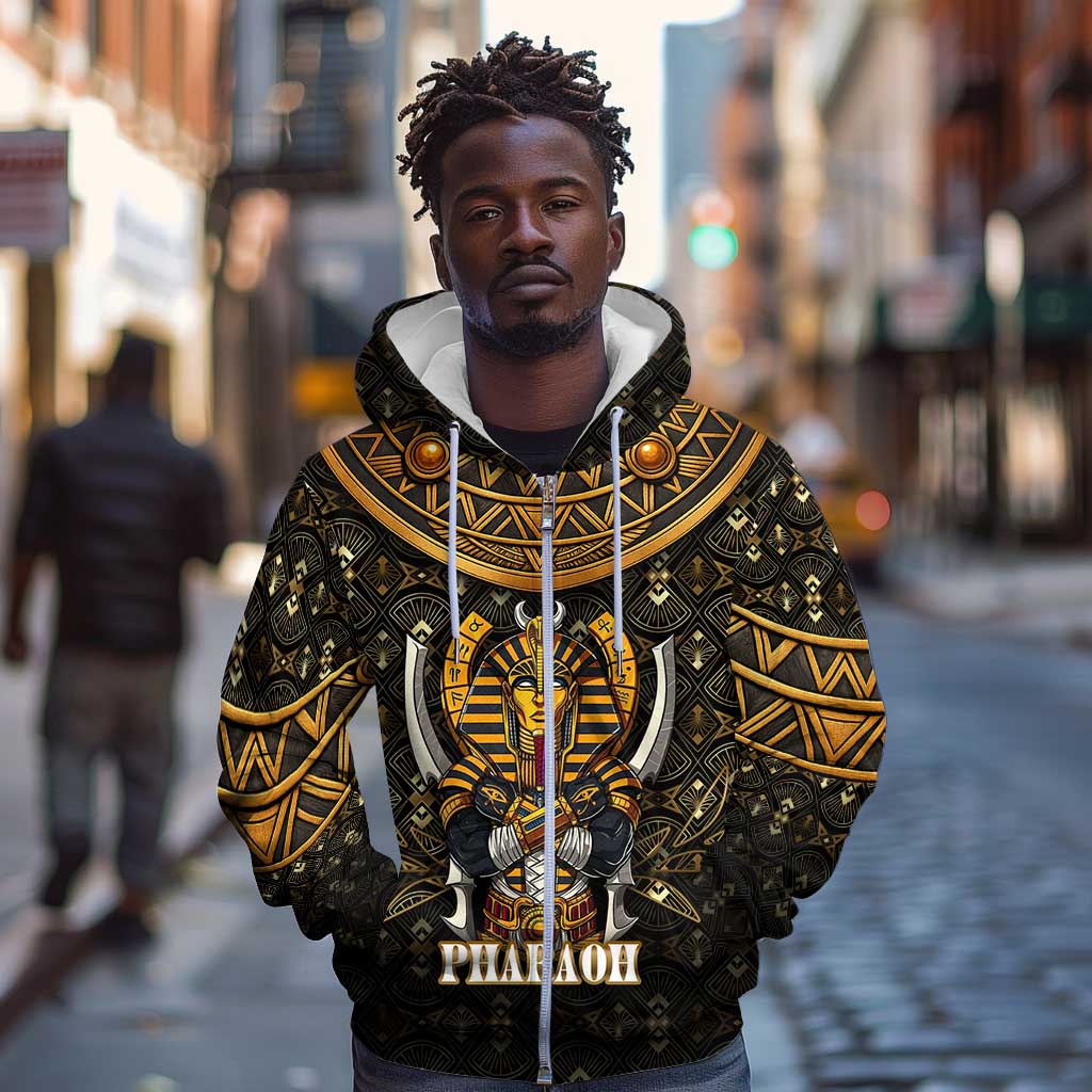 Pharaoh King Tut Egypt Zip Hoodie Hieroglyphic Gold Pattern - African Pride