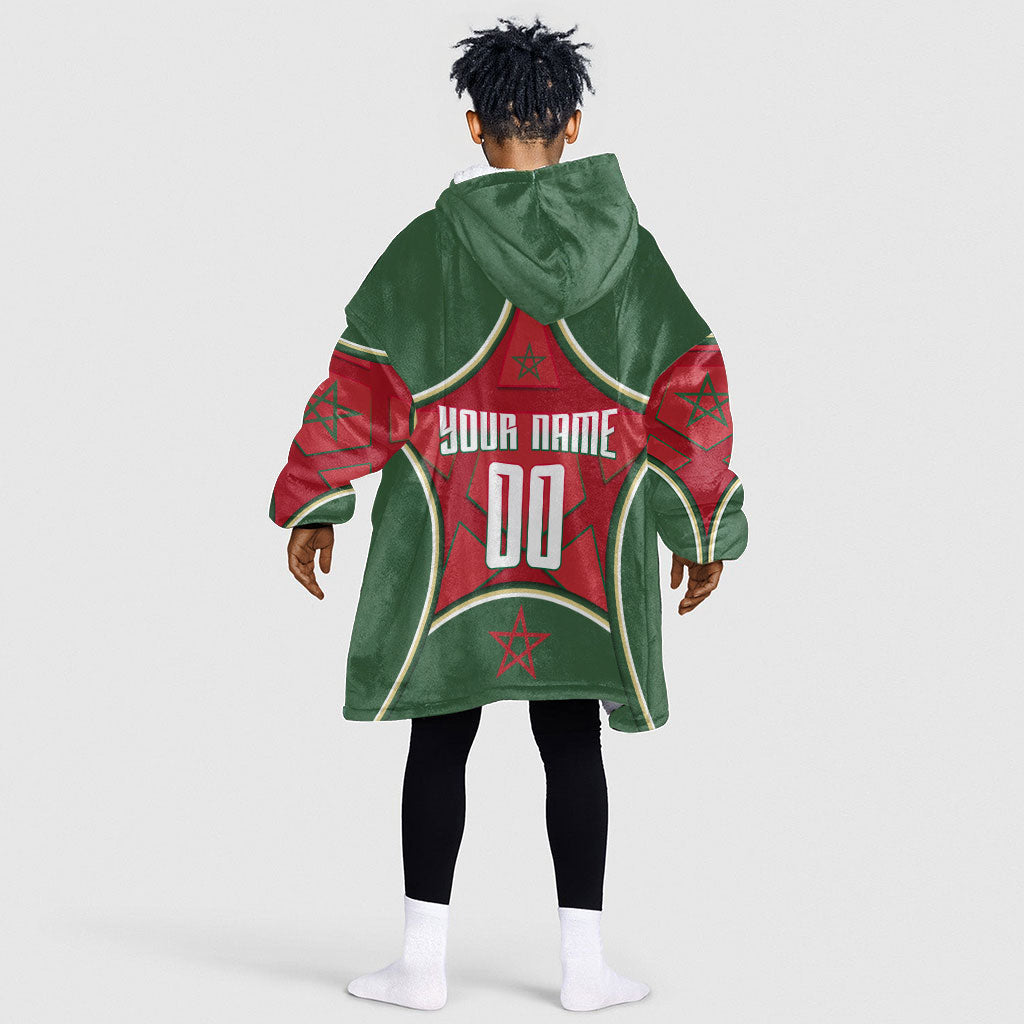 Personalized Morocco Football Atlas Lion Kid Wearable Blanket Hoodie Moroccan Star National Flag