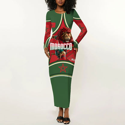 Personalized Morocco Football Atlas Lion Long Sleeve Bodycon Dress Moroccan Star National Flag