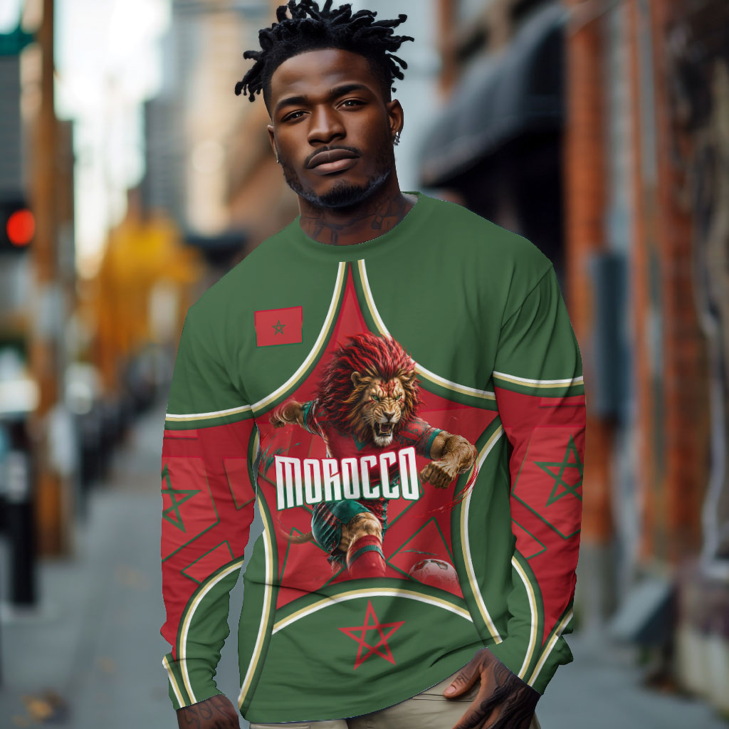 Personalized Morocco Football Atlas Lion Long Sleeve Shirt Moroccan Star National Flag