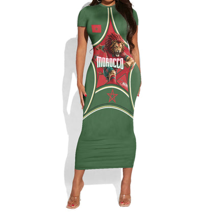 Personalized Morocco Football Atlas Lion Short Sleeve Bodycon Dress Moroccan Star National Flag