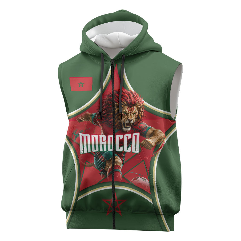 Personalized Morocco Football Atlas Lion Sleeveless Zip Hoodie Moroccan Star National Flag