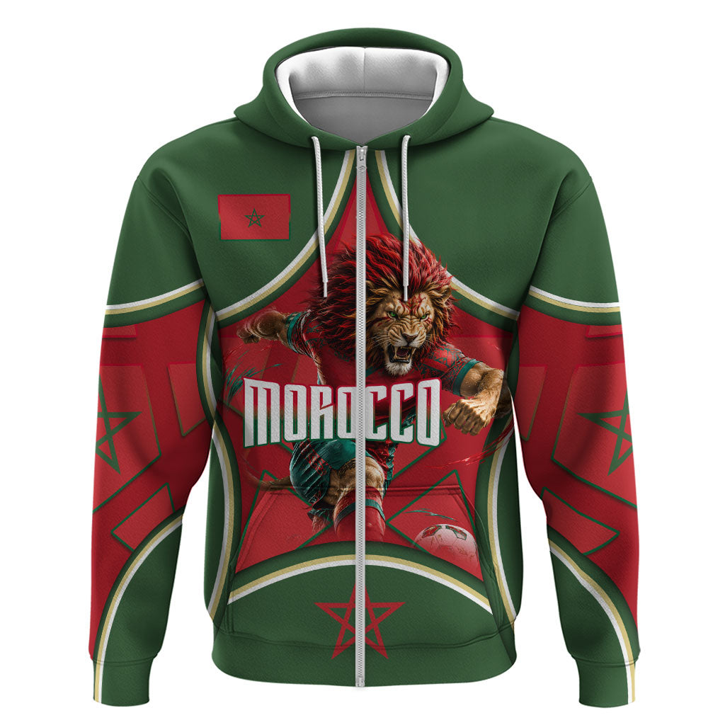 Personalized Morocco Football Atlas Lion Zip Hoodie Moroccan Star National Flag